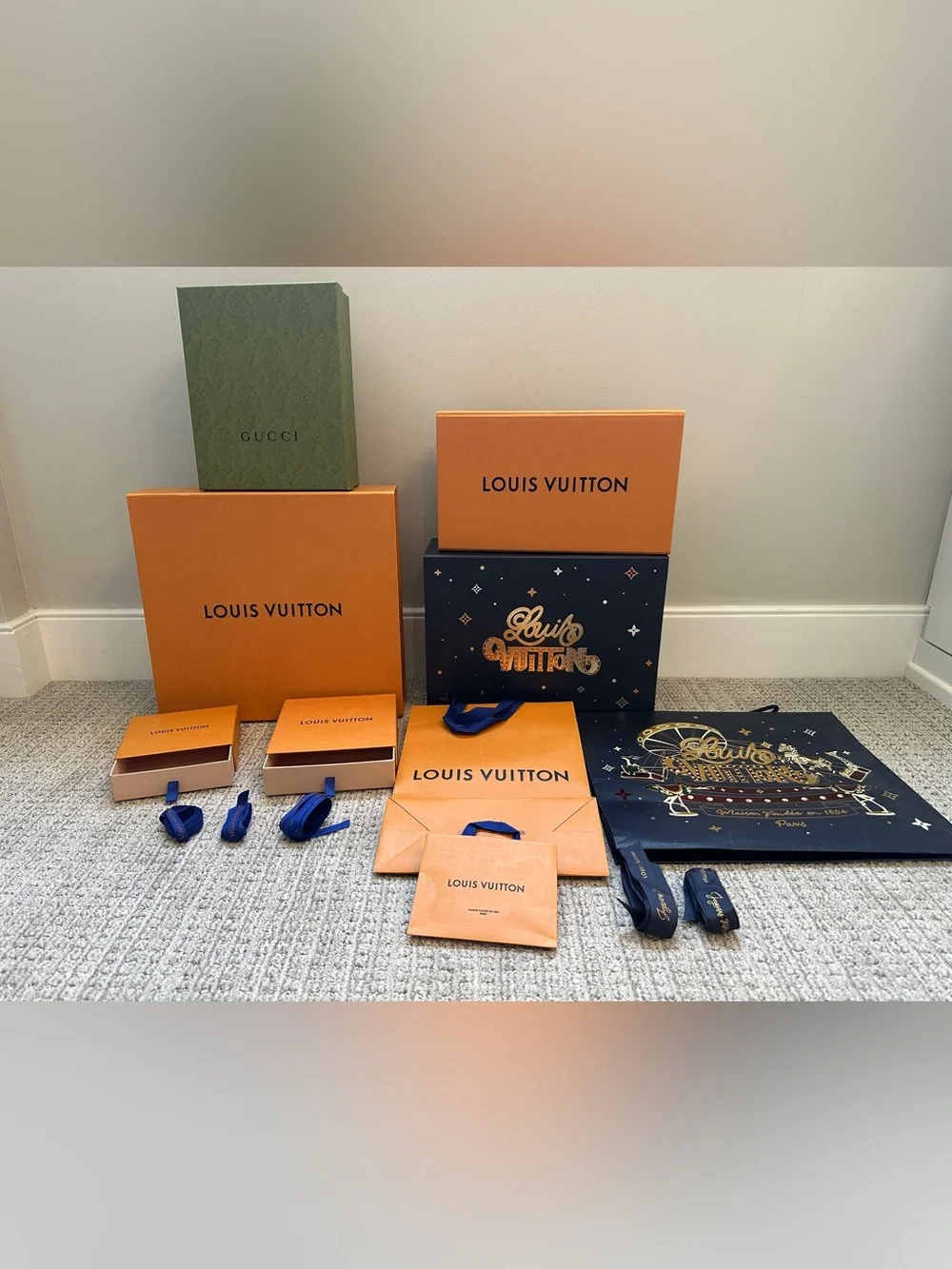 Lot of Authentic Empty Louis Vuitton Gift Box, bags, ribbons, drawer, Gucci box